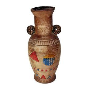 Aztec Tribal Inca Ceramic Pottery Vase Double Handled Rustic Vintage 8"